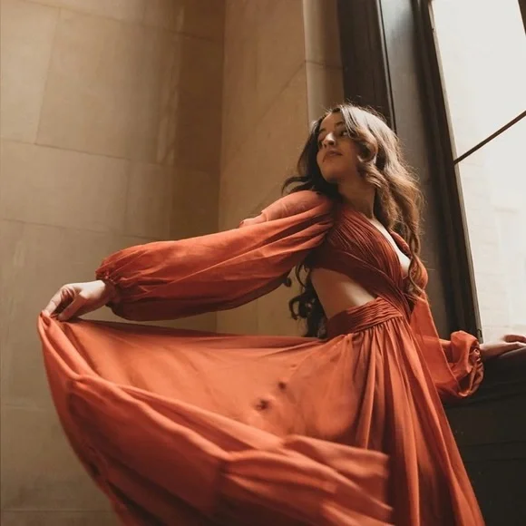 Mac Duggal Long Sleeve Cut Out Lace Up Tiered Chiffon Gown In Copper 67948 - Picture 3 of 8